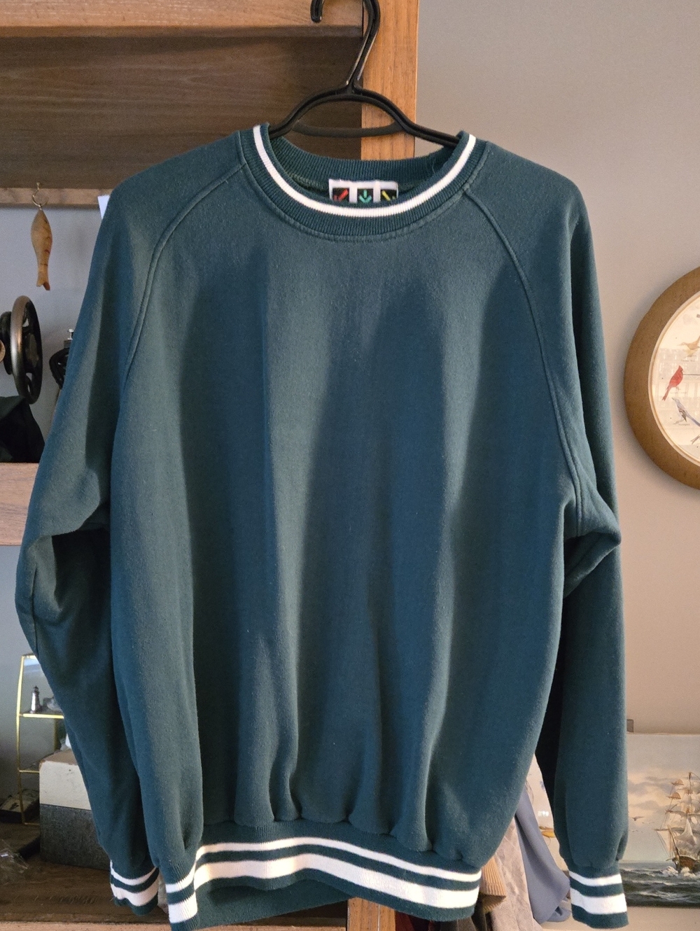 Vintag City Crewneck Sweater in Dark Teal with Stripe Trim